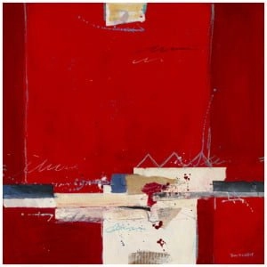 een abstract schilderij met rode en witte kleuren