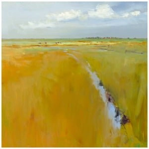 een abstract schilderij van geel en groen gras