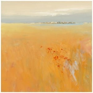 een abstract schilderij van geel gras en water