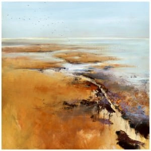 een abstract schilderij met bruine en blauwe kleuren