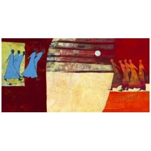 een abstract schilderij met mensen die op het strand lopen