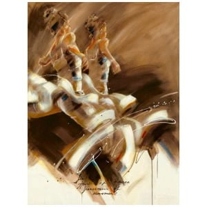 een schilderij van twee vrouwen die op een baan rennen