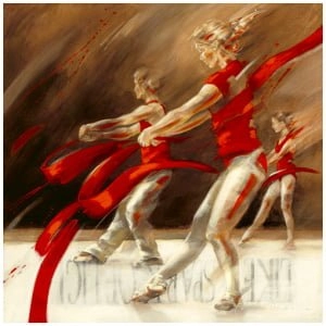 een schilderij van twee dansers in rood en wit