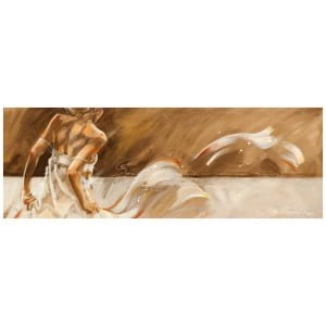 een schilderij van een vrouw die voor twee vogels staat