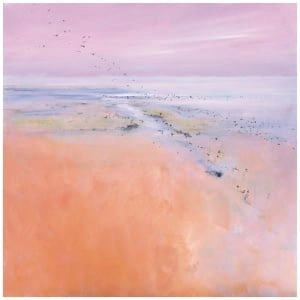 een abstract schilderij met roze en blauwe kleuren