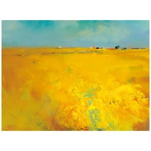 een schilderij van een geel veld met blauwe lucht op de achtergrond
