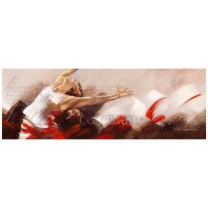 een schilderij van een vrouw die omhoog reikt om een ​​frisbee te vangen