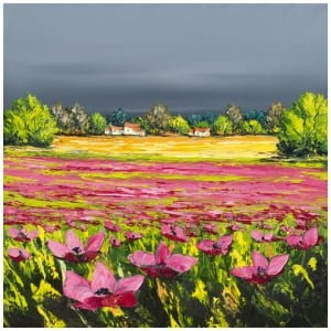 een schilderij van bloemen in een veld