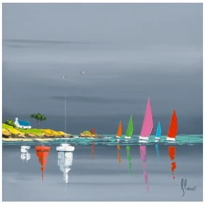 een schilderij van zeilboten in het water