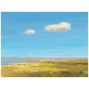 een olieverfschilderij van een veld met water op de achtergrond