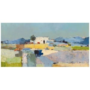 een schilderij van een huis midden in een veld