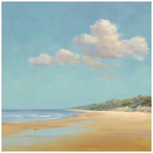 een olieverfschilderij van een strand met wolken aan de hemel