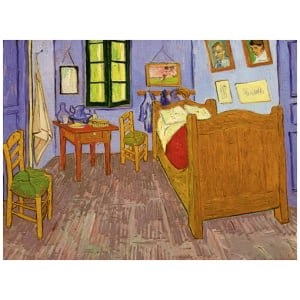 een schilderij van een slaapkamer met blauwe muren