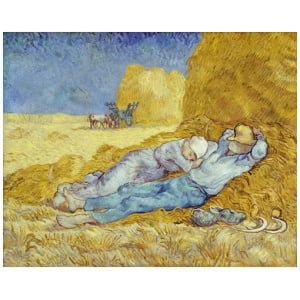 een schilderij van een man die bovenop een hooiveld ligt