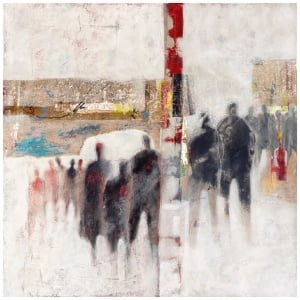 een schilderij van paarden die in de sneeuw lopen