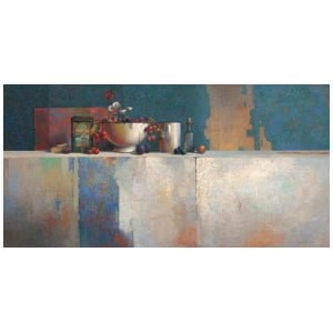 een schilderij van een tafel met een vaas en andere spullen erop