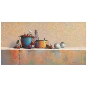 een olieverfschilderij van wat fruit op een richel