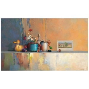 een schilderij van een plank met vazen ​​en andere spullen erop