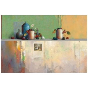 een schilderij van vazen ​​en fruit op een plank