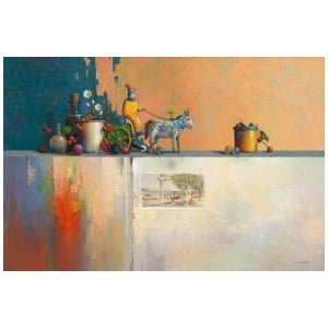 een schilderij van een man bovenop een toonbank