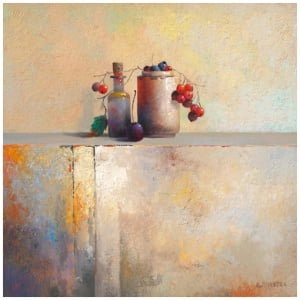 een schilderij van twee vazen ​​op een plank