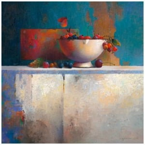 een schilderij van een schaal met fruit op een tafel