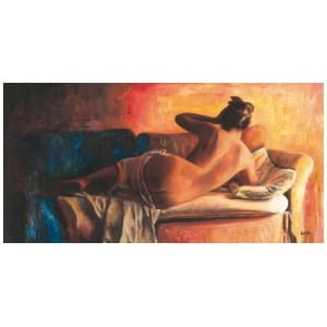 een schilderij van een naakte vrouw zittend op een bank