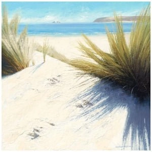 een schilderij van gras en zand op een strand