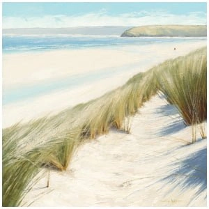 een olieverfschilderij van een strandtafereel met zand en gras