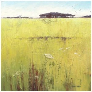 een schilderij van een veld met bomen in de verte