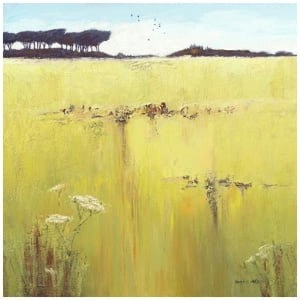 een schilderij van enkele bomen in de verte