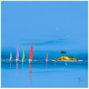 een schilderij van zeilboten in het water met een klein eiland op de achtergrond