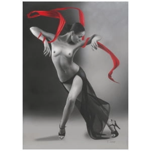 een naakte vrouw met een rode sjaal om haar nek