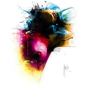 een abstract schilderij van het gezicht van een vrouw