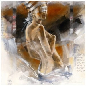 een schilderij van een naakte vrouw met woorden erop