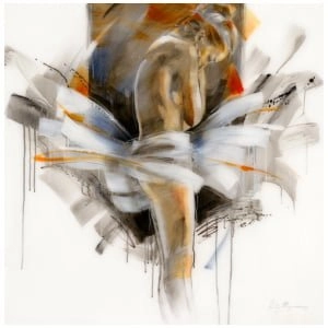 een abstract schilderij van een vrouw zittend op een stoel