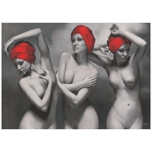 drie naakte vrouwen met rode hoofddoek en één zonder