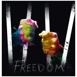 twee handen geschilderd in verschillende kleuren met de woorden vrijheid
