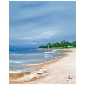 een schilderij van een strand met boten in het water