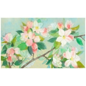 een schilderij van roze en witte bloemen op een tak