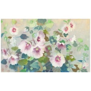 een schilderij van roze bloemen in een blauwe vaas