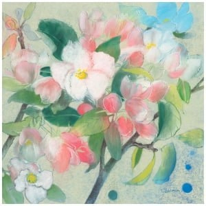 een schilderij van roze en witte bloemen met groene bladeren