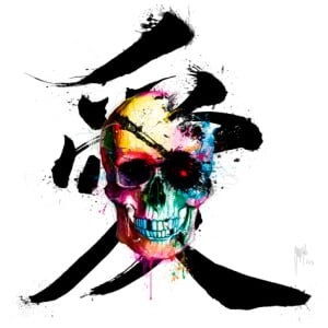 een kleurrijke schedel met twee gekruiste zwaarden erop