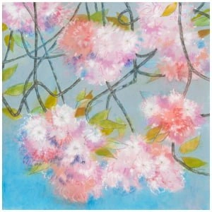 een schilderij van roze bloemen op een blauwe achtergrond