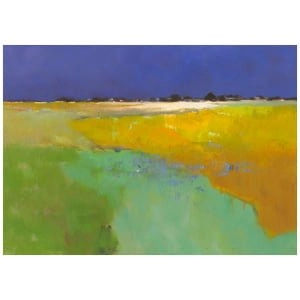 een abstract schilderij met gele en groene kleuren