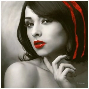 een schilderij van een vrouw met rode lippenstift