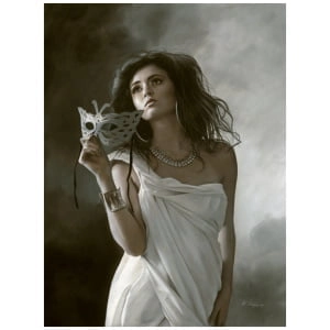 een vrouw in een witte jurk met een masker