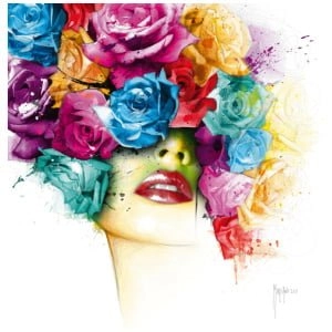 een schilderij van een vrouwenhoofd met bloemen erop