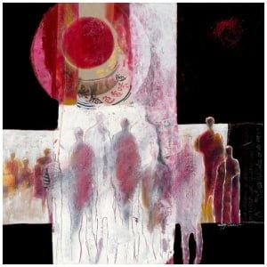 een abstract schilderij met rode en witte kleuren