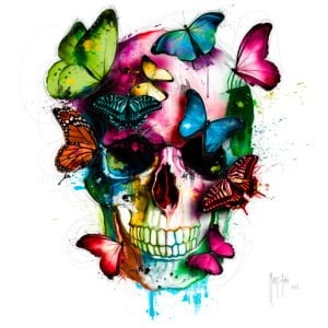 een schedel met vlinders op zijn hoofd